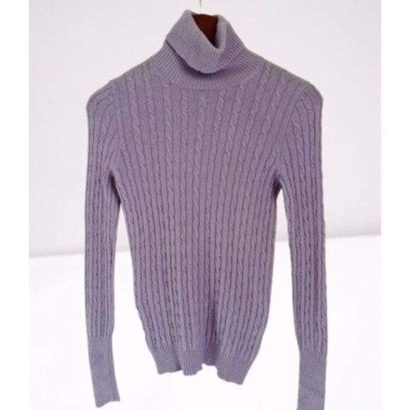 J.Crew XS Cable Knit Lavender Turtleneck Sweater Wool Cashmere Fitted Top - Picture 2 of 6